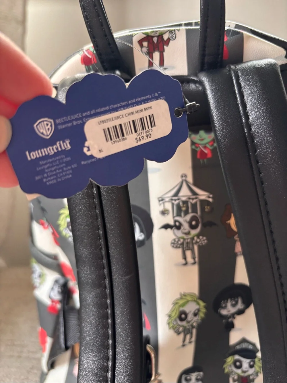 Loungefly Beetlejuice Mini Backpack Black Striped Chibi Character Print NWT